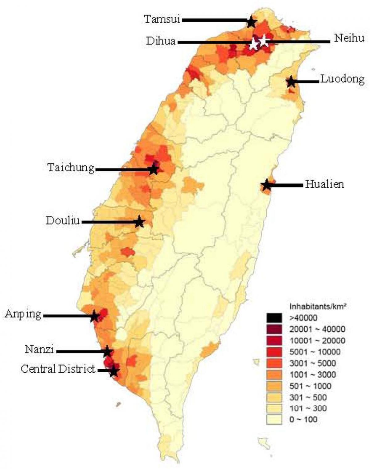 台湾人口的地图 台湾的人口密度地图 东亚 亚洲